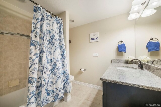 10525 Mt Sherman Way, Peyton, CO 80831 - bathroom featuring vanity, toilet, tile patterned floors, shower / bath combination with curtain, and baseboards