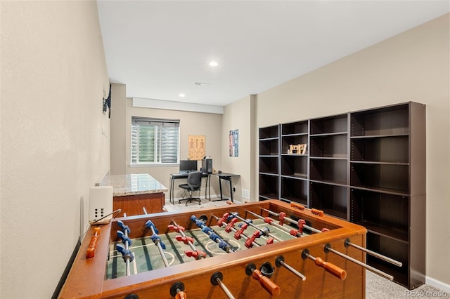 2043 S Cathay Way, Aurora, CO 80013 - game room with an office area, carpet flooring, and recessed lighting