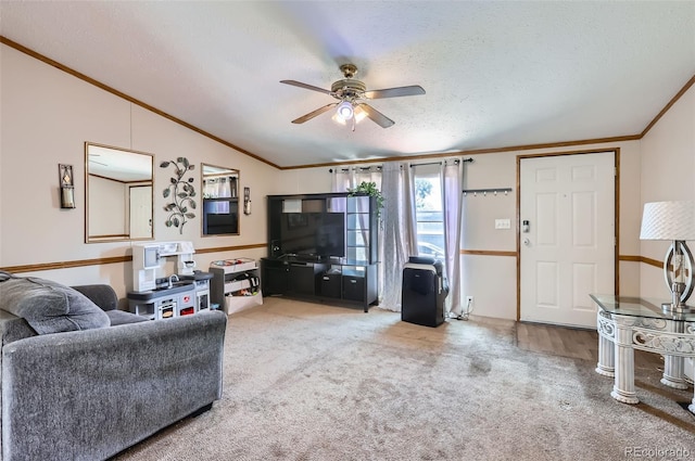 3715 Mcavoy Ave, Evans, CO 80620 - carpeted living area featuring crown molding, ceiling fan, lofted ceiling, and a textured ceiling