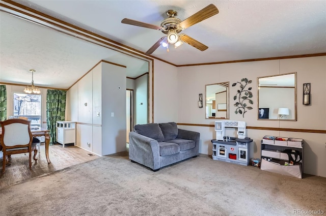 3715 Mcavoy Ave, Evans, CO 80620 - carpeted living room featuring crown molding, a chandelier, a ceiling fan, and a textured ceiling