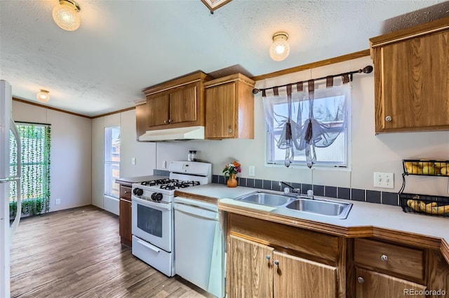 3715 Mcavoy Ave, Evans, CO 80620 - kitchen featuring white appliances, under cabinet range hood, ornamental molding, brown cabinets, and a textured ceiling