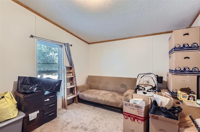 3715 Mcavoy Ave, Evans, CO 80620 - carpeted office with a textured ceiling, ornamental molding, and vaulted ceiling