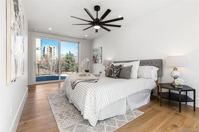 bedroom with recessed lighting, light wood-type flooring, baseboards, access to exterior, and ceiling fan