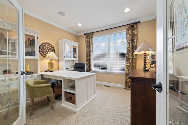 17452 W 83rd Pl, Arvada, CO 80007 - office space with light carpet, french doors, crown molding, baseboards, and recessed lighting
