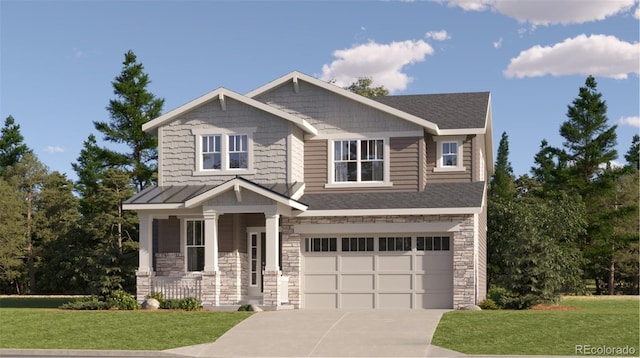 craftsman inspired home featuring a garage and a front lawn