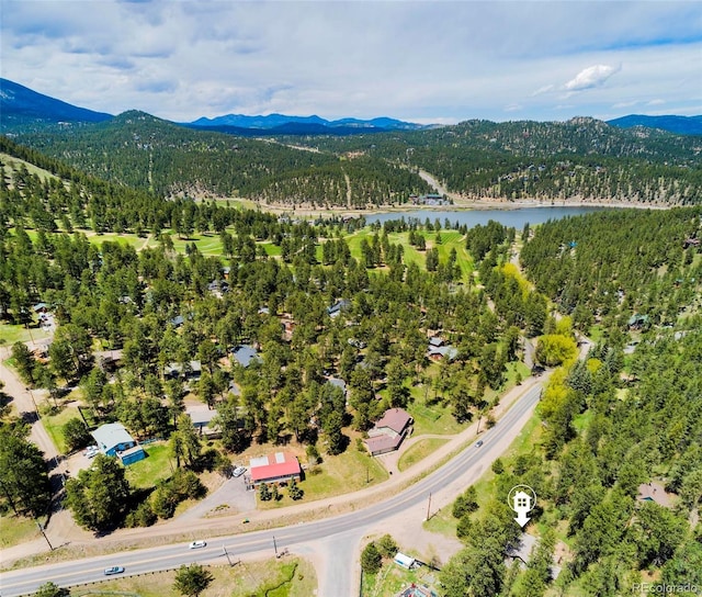28958 Buffalo Park Rd, Evergreen, CO 80439 - drone / aerial view of a water and mountain view and a heavily wooded area
