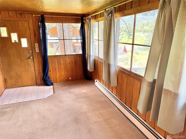 28958 Buffalo Park Rd, Evergreen, CO 80439 - unfurnished sunroom with carpet floors, wooden walls, and a baseboard heating unit