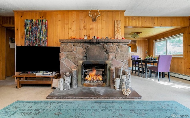 28958 Buffalo Park Rd, Evergreen, CO 80439 - living room with carpet, wood walls, a stone fireplace, and baseboard heating