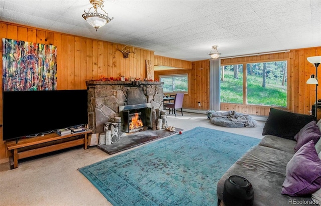28958 Buffalo Park Rd, Evergreen, CO 80439 - living room with wood walls, carpet, a baseboard heating unit, and a stone fireplace