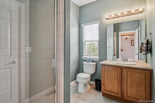 26155 E Euclid Dr, Aurora, CO 80016 - full bath featuring vanity, a shower stall, tile patterned floors, and a textured wall