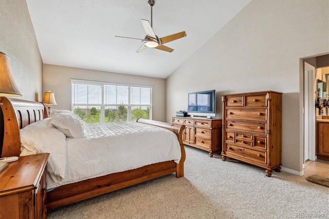 26155 E Euclid Dr, Aurora, CO 80016 - bedroom featuring light carpet, high vaulted ceiling, and a ceiling fan
