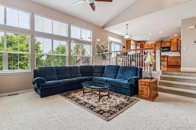 26155 E Euclid Dr, Aurora, CO 80016 - carpeted living room with a ceiling fan and lofted ceiling