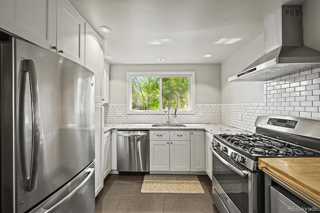 5355 S Windermere St, Littleton, CO 80120 - kitchen featuring appliances with stainless steel finishes, wall chimney exhaust hood, a sink, wood counters, and white cabinetry