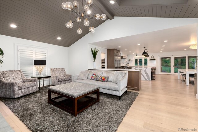 1 Club Ln, Littleton, CO 80123 - living room with light wood-style floors, high vaulted ceiling, recessed lighting, a chandelier, and a wood ceiling with exposed beams