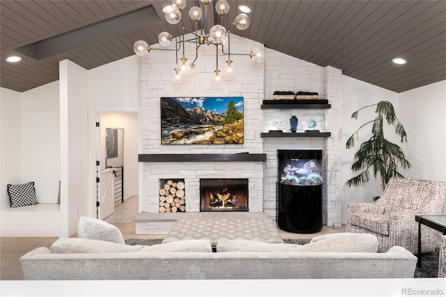 1 Club Ln, Littleton, CO 80123 - living area featuring lofted ceiling, a stone fireplace, a chandelier, wood finished floors, and wooden ceiling