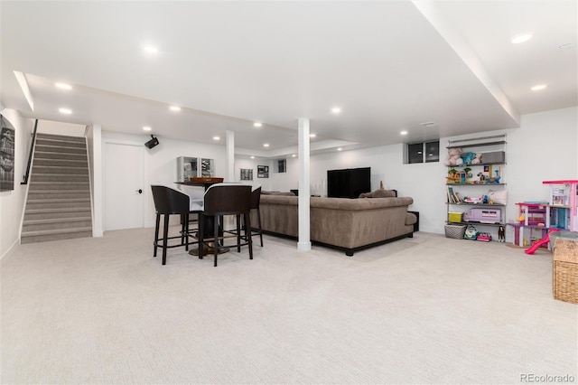 1 Club Ln, Littleton, CO 80123 - living room with light carpet, stairway, recessed lighting, and bar