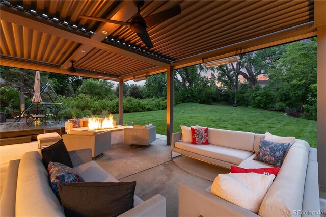 1 Club Ln, Littleton, CO 80123 - view of patio / terrace featuring an outdoor living space with a fire pit, view of wooded area, and ceiling fan