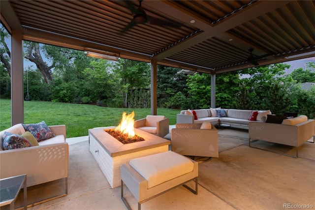 1 Club Ln, Littleton, CO 80123 - view of patio / terrace featuring an outdoor living space with a fire pit and view of wooded area