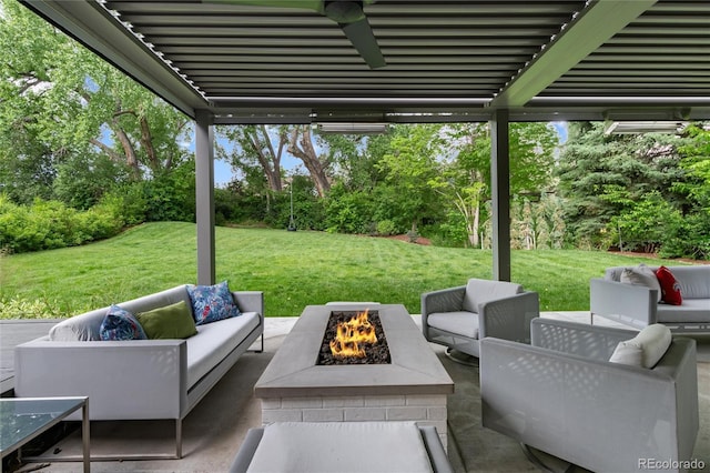 1 Club Ln, Littleton, CO 80123 - view of patio / terrace with an outdoor living space with a fire pit and view of wooded area