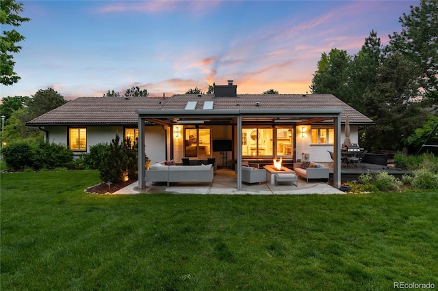 1 Club Ln, Littleton, CO 80123 - back of house with an outdoor hangout area, a chimney, a yard, a patio, and a tiled roof
