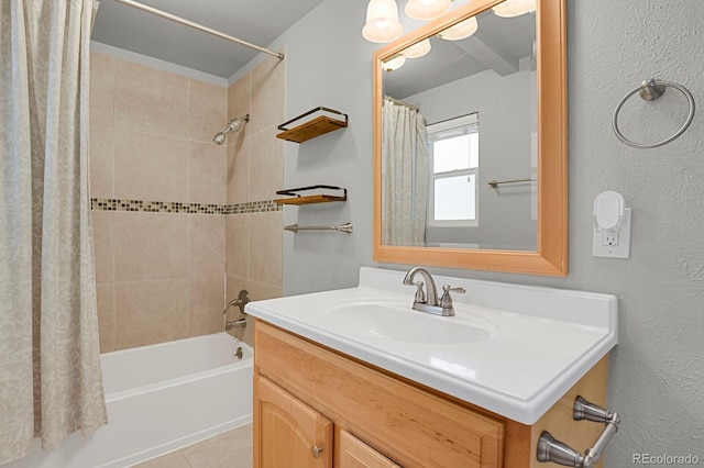 1720 S Madison St, Denver, CO 80210 - bathroom with vanity, shower / tub combo with curtain, a textured wall, and tile patterned floors