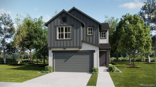 1159 Redfish Pt, Colorado Springs, CO 80904 - view of front of home with board and batten siding, concrete driveway, an attached garage, and a front lawn
