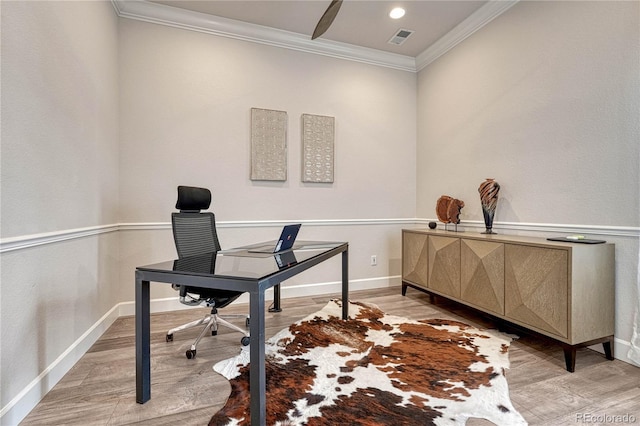 5251 Silver Hare Ct, Castle Rock, CO 80104 - office with baseboards, ornamental molding, light wood finished floors, and visible vents