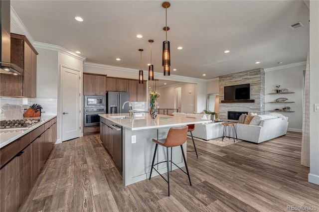 5251 Silver Hare Ct, Castle Rock, CO 80104 - kitchen with crown molding, dark wood-style flooring, stainless steel appliances, decorative backsplash, and visible vents