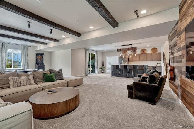5251 Silver Hare Ct, Castle Rock, CO 80104 - living area featuring beam ceiling, baseboards, indoor bar, light colored carpet, and recessed lighting