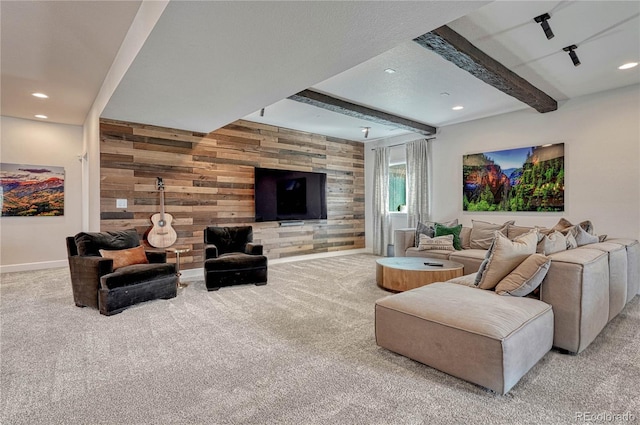 5251 Silver Hare Ct, Castle Rock, CO 80104 - living room with baseboards, recessed lighting, carpet, and wooden walls