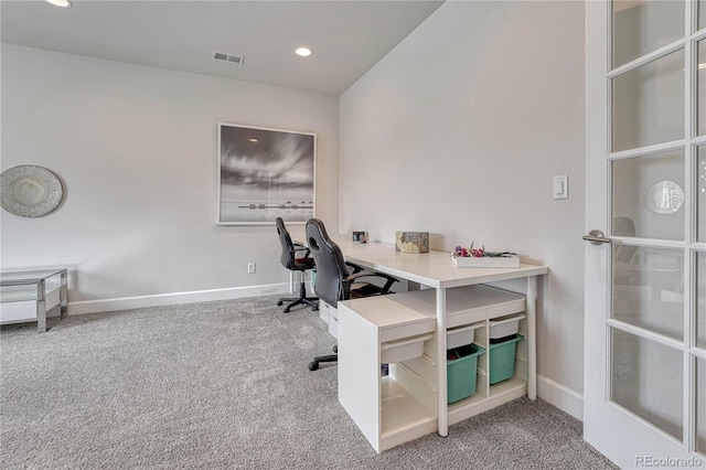 5251 Silver Hare Ct, Castle Rock, CO 80104 - home office featuring visible vents, carpet flooring, baseboards, and recessed lighting