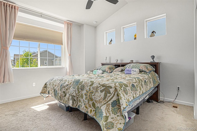 14700 E 104th Ave Unit 1105, Commerce City, CO 80022 - bedroom with carpet flooring, baseboards, lofted ceiling, and a ceiling fan