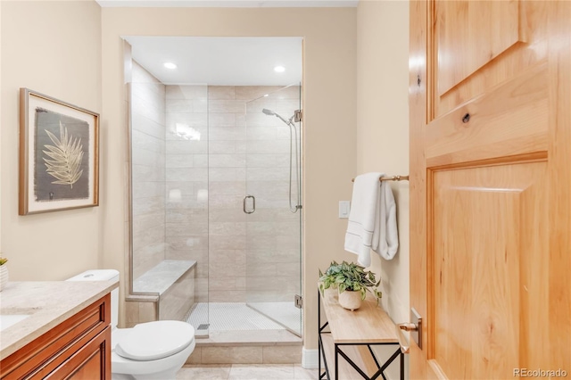 1824 Pearl St Unit B, Boulder, CO 80302 - bathroom with a shower stall, vanity, tile patterned floors, and recessed lighting