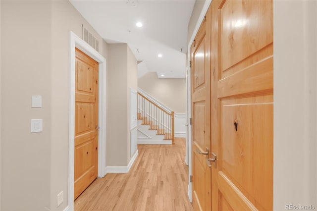1824 Pearl St Unit B, Boulder, CO 80302 - hall featuring light wood finished floors, stairs, and recessed lighting