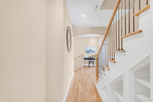 1824 Pearl St Unit B, Boulder, CO 80302 - corridor with arched walkways, light wood-style flooring, recessed lighting, and stairs