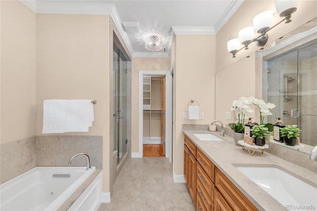 1824 Pearl St Unit B, Boulder, CO 80302 - bathroom featuring a shower stall, a tub with jets, double vanity, a chandelier, and crown molding