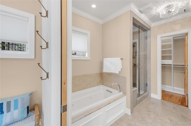 1824 Pearl St Unit B, Boulder, CO 80302 - full bath featuring a shower stall, a bath, ornamental molding, and a walk in closet
