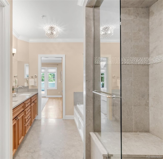 1824 Pearl St Unit B, Boulder, CO 80302 - bathroom with double vanity, crown molding, a garden tub, tile patterned floors, and walk in shower