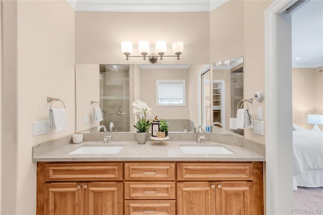 1824 Pearl St Unit B, Boulder, CO 80302 - ensuite bathroom featuring crown molding, double vanity, and tiled shower