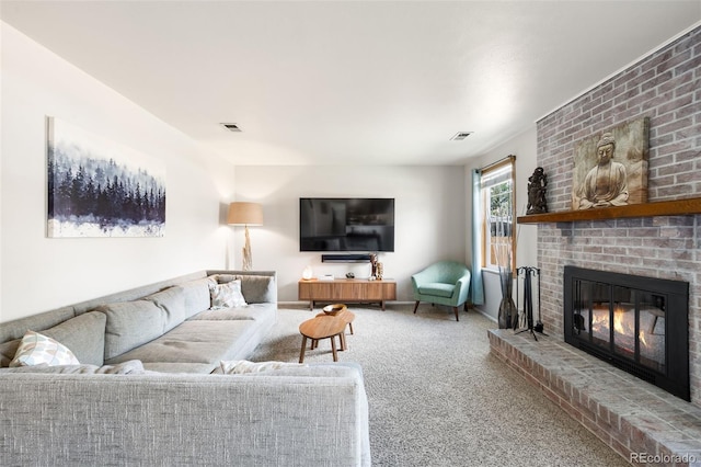 12945 E Colorado Ave, Aurora, CO 80012 - living room featuring baseboards, a fireplace, carpet flooring, and visible vents