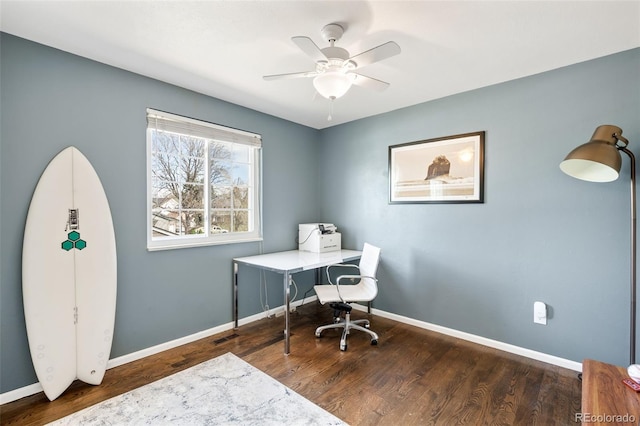 12945 E Colorado Ave, Aurora, CO 80012 - home office featuring a ceiling fan, baseboards, and wood finished floors