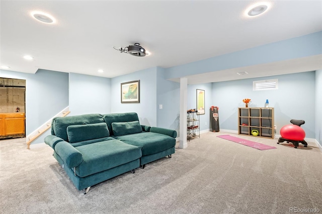 12945 E Colorado Ave, Aurora, CO 80012 - living room featuring stairs, recessed lighting, baseboards, and carpet