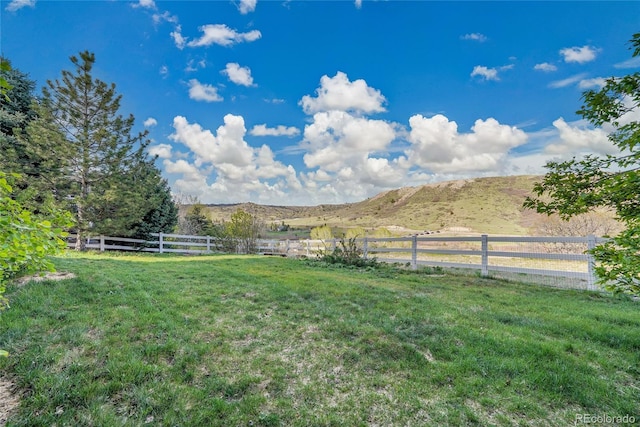 view of yard with a rural view and a mountain view