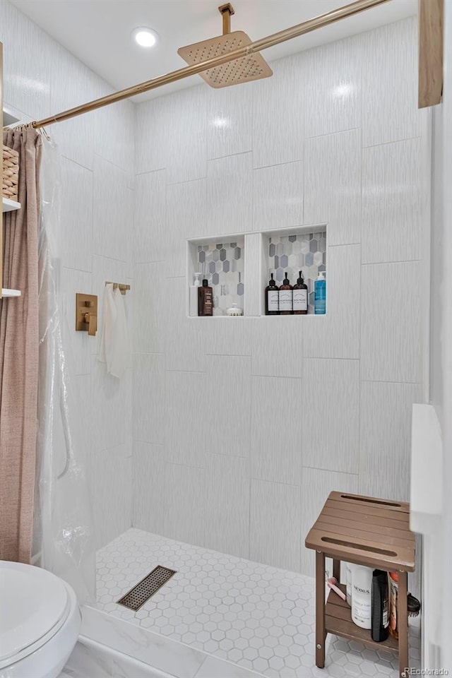 10042 Hudson St, Thornton, CO 80229 - bathroom featuring a tile shower, toilet, and recessed lighting