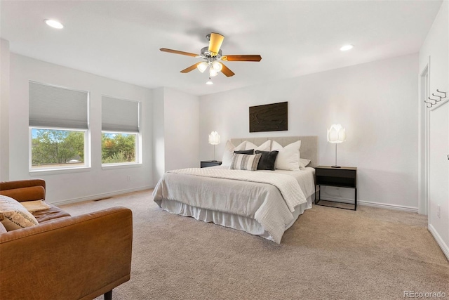 4190 W Alameda Ave, Denver, CO 80219 - bedroom featuring light carpet, recessed lighting, baseboards, and a ceiling fan
