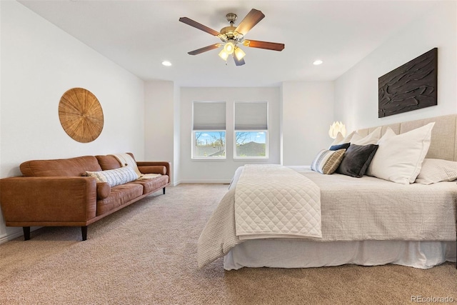 4190 W Alameda Ave, Denver, CO 80219 - bedroom with light colored carpet, recessed lighting, baseboards, and ceiling fan