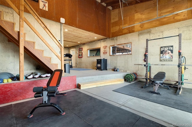 5607 Crawford Gulch Rd, Golden, CO 80403 - workout area with a wood stove