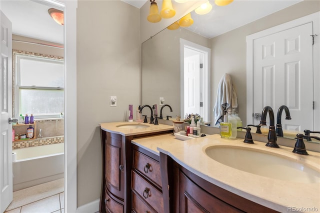 bathroom with double vanity and tile patterned flooring