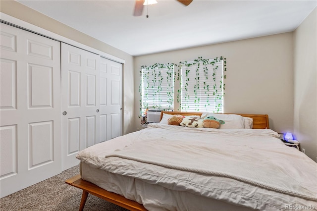 bedroom with carpet, a closet, and ceiling fan