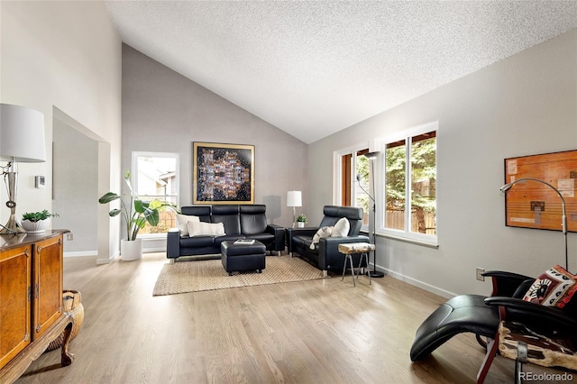 10572 E Orchard Pl, Englewood, CO 80111 - living room with light wood-style flooring, a textured ceiling, baseboards, and high vaulted ceiling